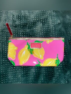 Lilly Pulitzer Pink Lemon Print Cosmetic Pouch with Gold Trim